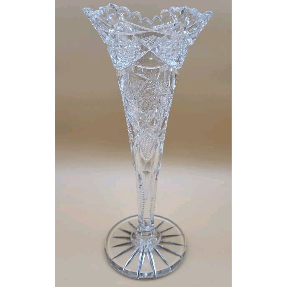 Fluted‎ Crystal Cut Vase American Brilliant Period Tulip Saw Tooth Rim 10''Tall
